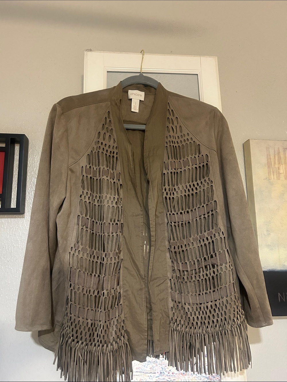 Chicos Jacket 1 US Medium Tan Faux Suede Lattice Fringe Cowgirl Boho Western
